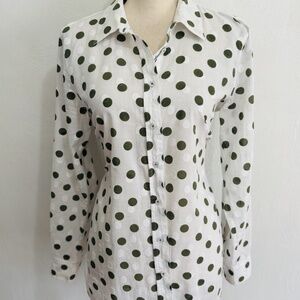 Talbots Women’s Top White & Green Polka Dots Collared Long Sleeve Large